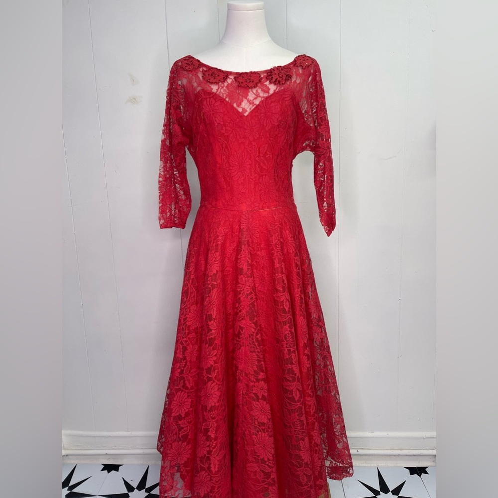 Vintage 1950’s Carnation Red Lace, Tea Length Party Dress appliqués full skirt